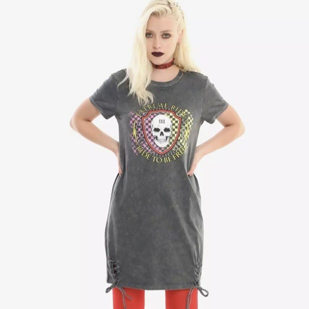 Hot Topic T Shirt Dress Medium Gray Cotton Lace Up Hem Biker Rocker Skull
